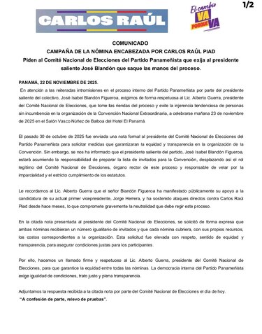 Piad acusa ‘injerencia’ de Blandón a horas de las internas del Partido Panameñista