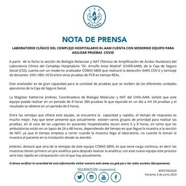 Laboratorio del Complejo Hospitalario cuenta con nuevo equipo para procesar más rápido las pruebas de Covid-19