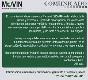 Movin rechaza intimidaciones, amenazas y público hostigamiento a fiscales y jueces