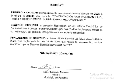 Alcaldía de Panamá cancela solicitud de un préstamo de $27.2 millones que pediría a Multibank