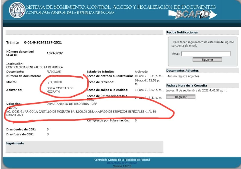 Documento de la Contraloría que evidencia que, para marzo de 2021, Odila Castillo trabajaba para esa entidad y ganaba $3,000 al mes. Imagen obtenida en sitio web de la Contraloría