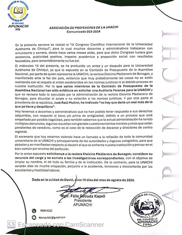Profesores de la Unachi piden la renuncia de la rectora, Etelvina de Bonagas