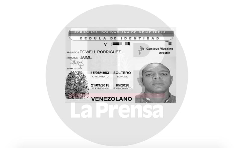 Fotocopia de la cédula venezolana expedida a favor de Jaime Powell, alias Yunya.