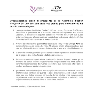 Ciclistas exigen a la Asamblea que discuta el proyecto ley que endurece la pena para conductores en estado de embriaguez