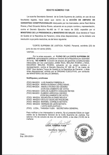 Corte no admite uno de los amparos presentados contra el toque de queda