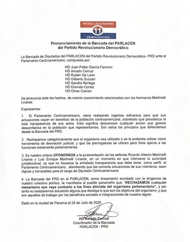 Los diputados del PRD en el Parlacen se oponen a la juramentación de los hermanos Martinelli Linares