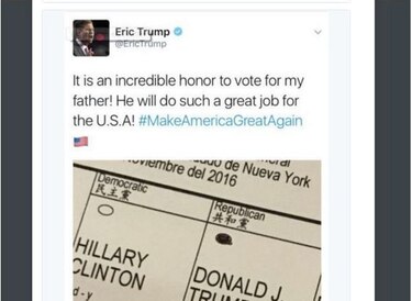 Eric Trump podría haber violado ley electoral por publicar tuit con boleta electoral
