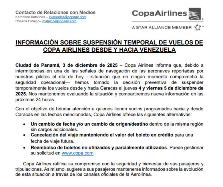 Copa Airlines suspende vuelos desde y hacia Venezuela 