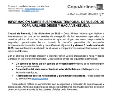 Copa Airlines suspende vuelos desde y hacia Venezuela