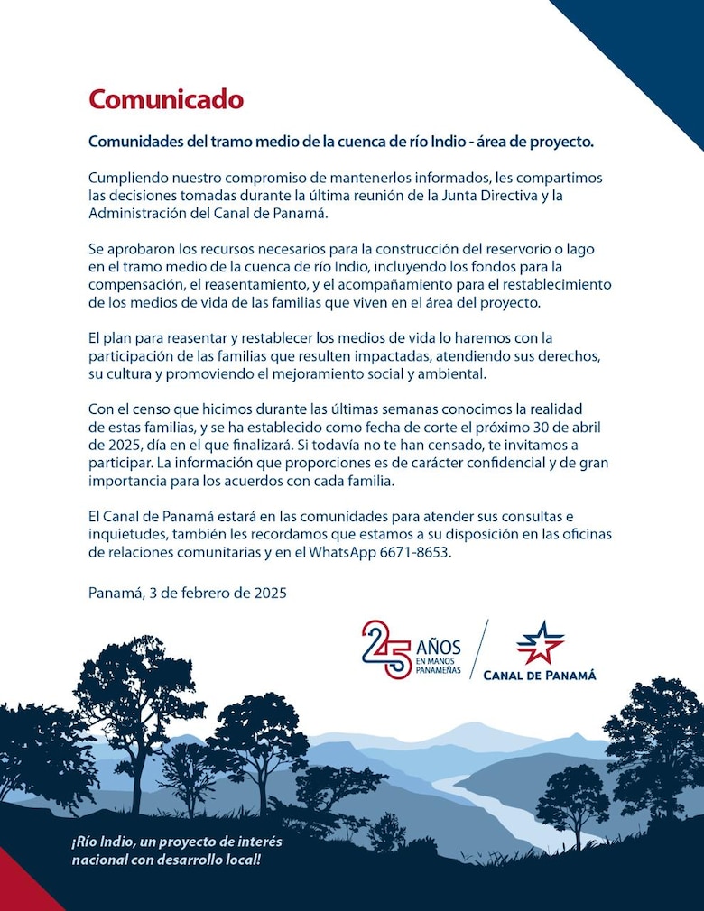 La directiva del Canal aprobó los fondos para construir el embalse de río Indio