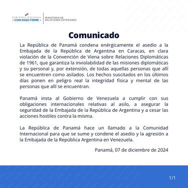 Panamá condena asedio de la Embajada de Argentina en Caracas