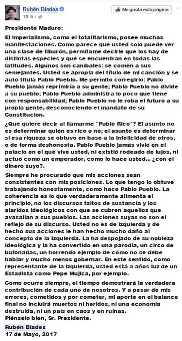 Rubén Blades le responde a Nicolás Maduro: 'Eres un emperador'