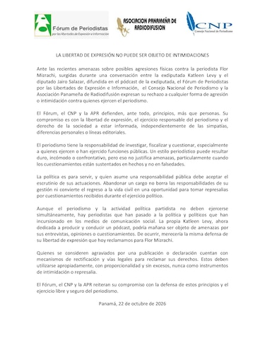 Gremios periodísticos repudian amenazas contra Flor Mizrachi en pódcast de Katleen Levy
