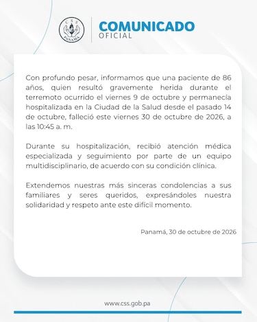 CSS reporta la tercera muerte por el terremoto; una mujer de 86 años
