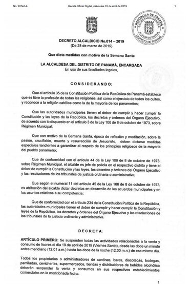 Alcaldía de Panamá decreta 'ley seca' por Semana Santa