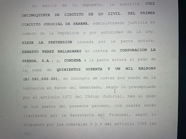 Juez niega indemnización a Pérez Balladares y lo condena a pagar $581 mil a Corporación La Prensa