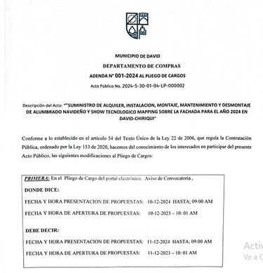 Alcaldía de David cancela contrato directo de $300 mil para alumbrado navideño y convoca a licitación