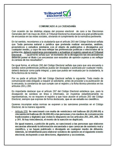 Tribunal Electoral recuerda que hay sanciones para quienes divulguen encuestas sin estar autorizados por la entidad