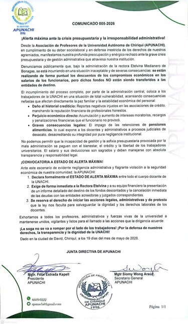 Profesores de la Unachi declaran ‘alerta máxima’ y exigen informe por impagos a bancos