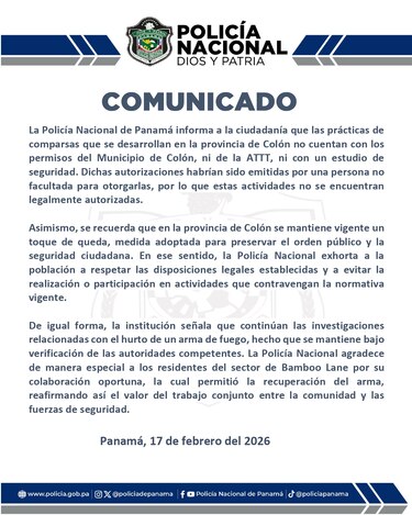 Policía advierte que comparsas en Colón no cuentan con permisos y recuerda vigencia del toque de queda