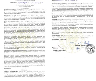 Gobierno extiende por tres meses suspensión de importación de armas