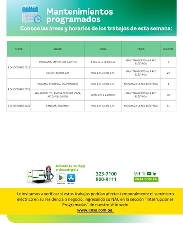 ENSA informa los mantenimientos programados del 30 de septiembre al 5 de octubre de 2025
