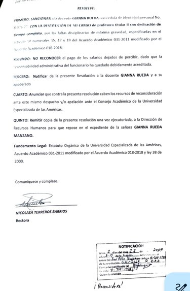 Udelas destituye a Gianna Rueda por supuestas faltas disciplinarias