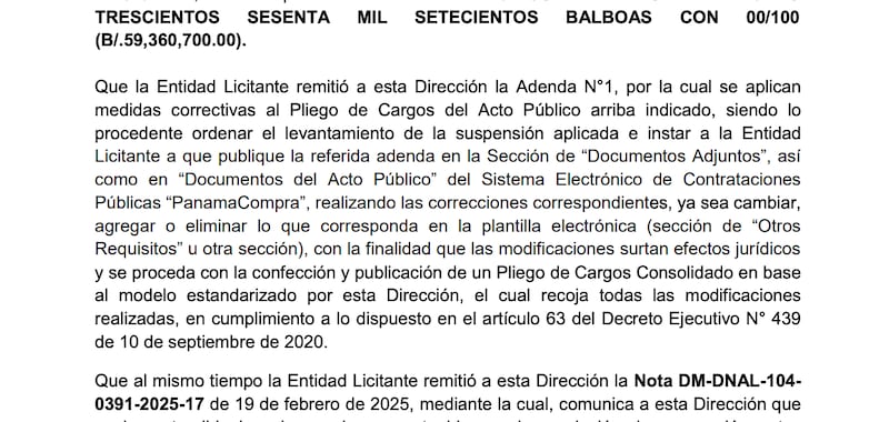 Extracto de la Resolución DS-DF-125-2025 del 20 de febrero de 2025, a través de la cual la DGCP levanta la suspensión a la licitación del Meduca para el internet en 3,102 escuelas del país.