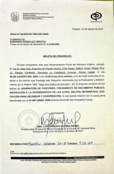 La Fiscalía venezolana cita para el lunes a González Urrutia por supuesta ‘conspiración’