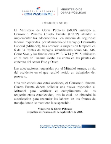 Mitradel ordena la paralización de la obra del Cuarto Puente por accidente laboral