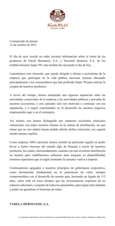 Comunicado Varela Hermanos S.A.