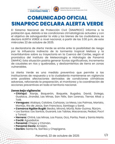 Sinaproc declara alerta verde en Panamá por la influencia indirecta de la tormenta tropical Melissa