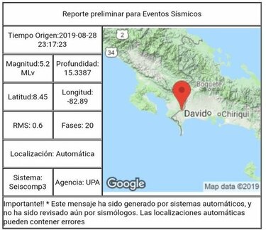 Se registra sismo de 5.2 grados en la provincia de Chiriquí