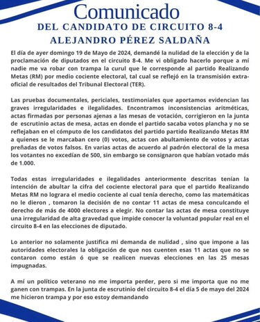 Alejandro Pérez, candidato del 8-4, solicita nulidad de elección en su circuito