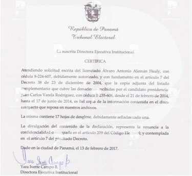Partido Panameñista publica segunda parte de listado de donantes a la campaña presidencial