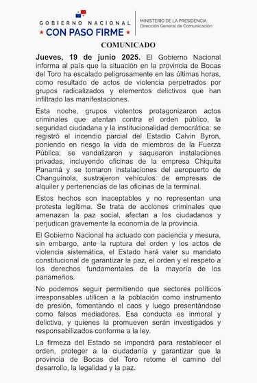‘El Estado hará valer su mandato constitucional de garantizar la paz’: Gobierno ante actos de violencia en Bocas del Toro
