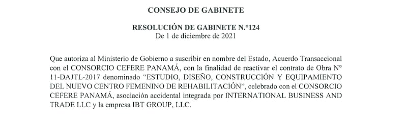 Resolución de Gabinete 124 del 1 de diciembre de 2021, que autoriza  la  ministra de Gobierno a negociar con el consorcio Cefere Panamá.