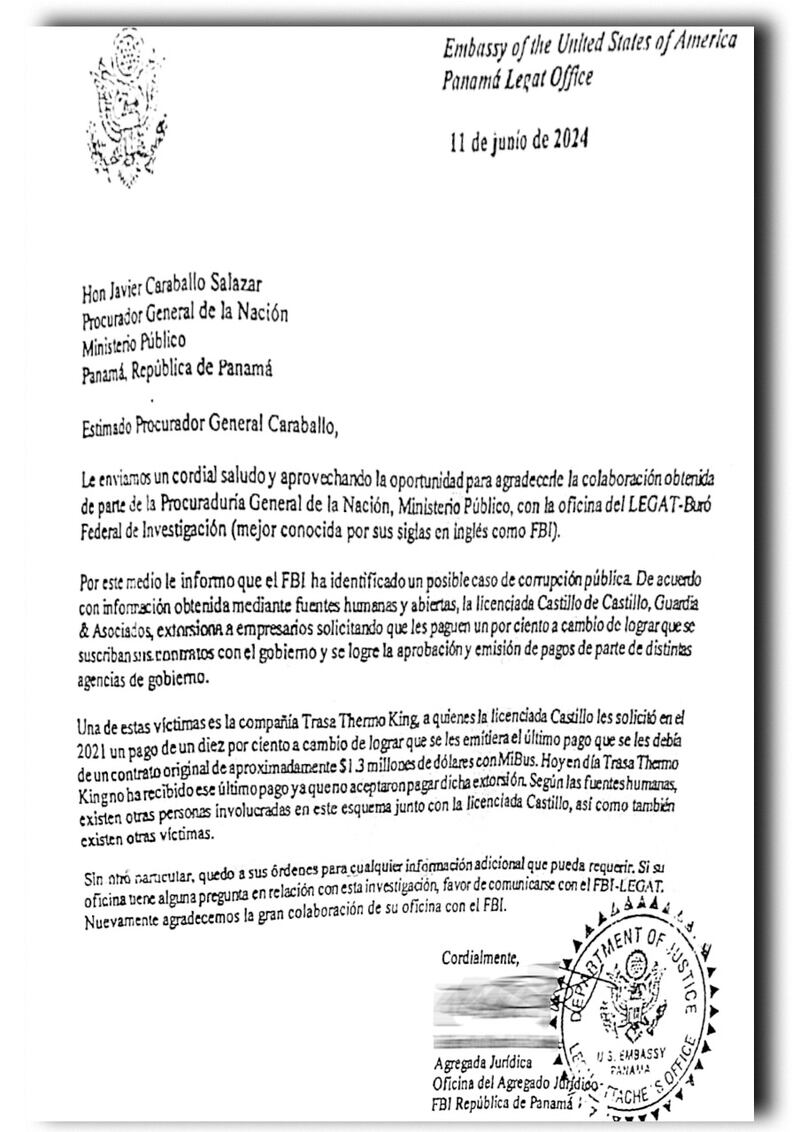 La carta del agregado jurídico del FBI (Departamento de Justicia) fue dirigida al procurador general de la Nación, Javier Caraballo, el 11 de junio de 2024.