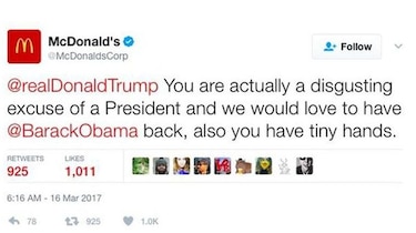 Hackean cuenta de Twitter de McDonald's: 'Trump eres una asquerosa vergüenza de presidente y tienes manos chiquitas'