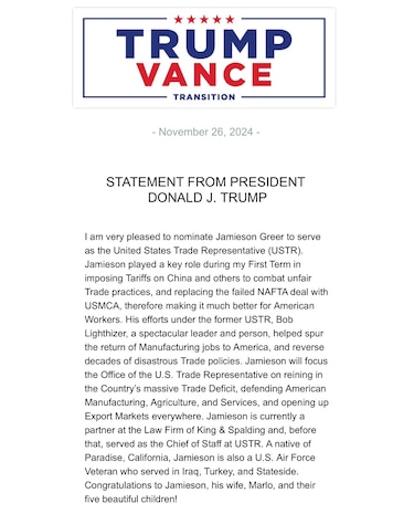Nombramiento clave: Trump elige a Jamieson Greer como representante comercial