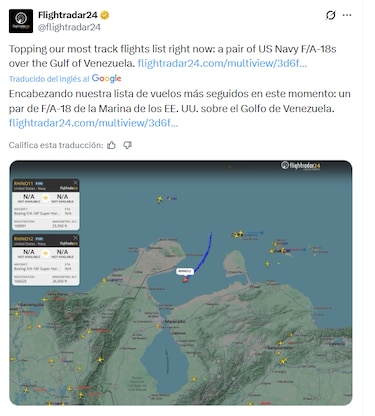 Dos aviones de combate F-18 de Estados Unidos sobrevuelan el golfo de Venezuela