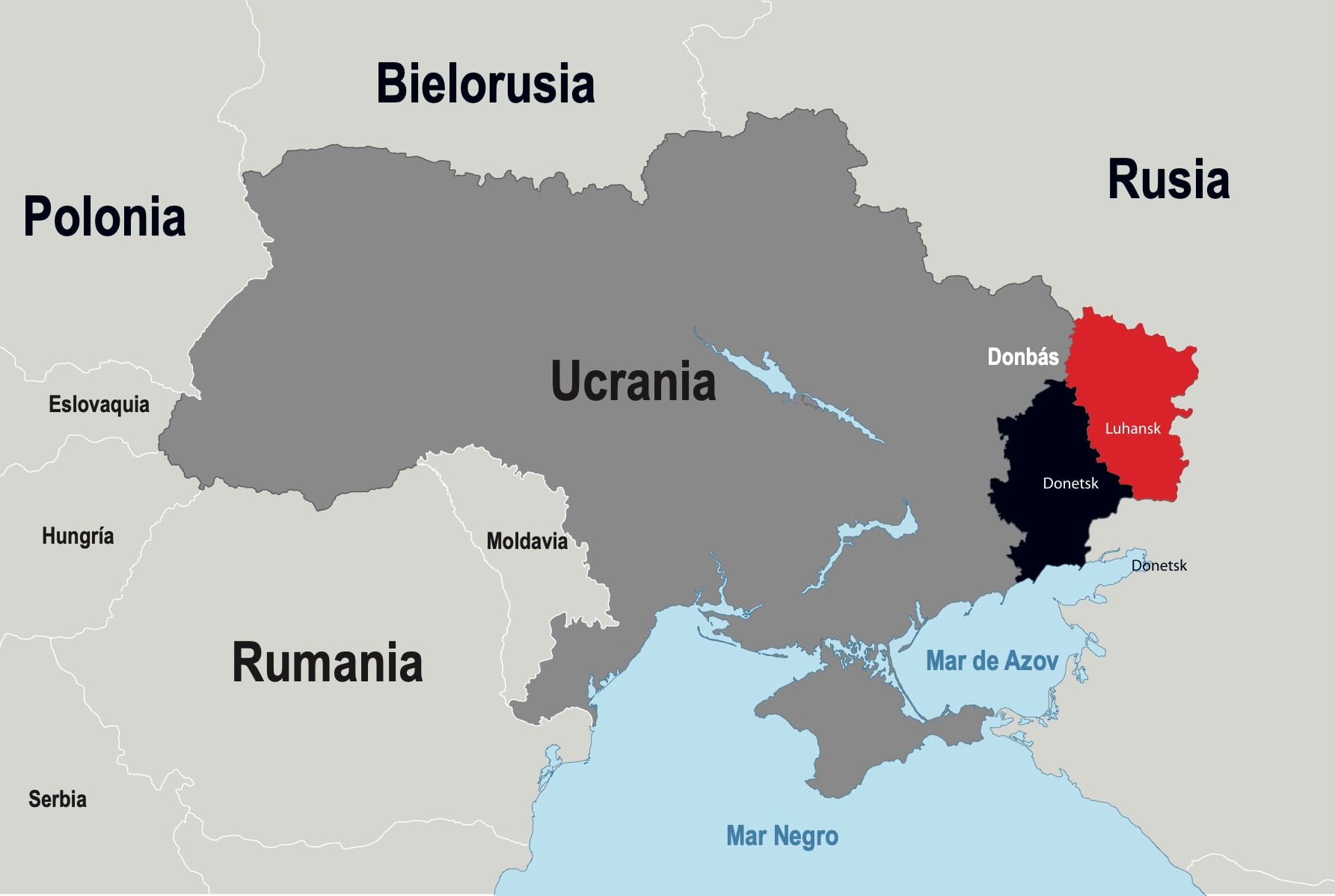 Mapa de Ucrania con el Donbás, Donetsk y Lugansk