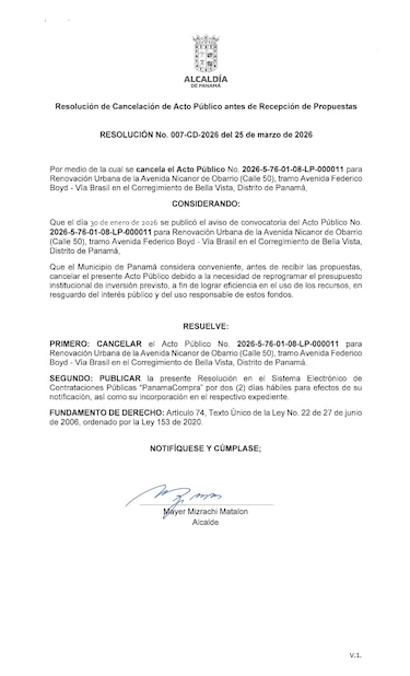 Mayer Mizrachi cancela licitación para renovar la calle 50 por falta de recursos