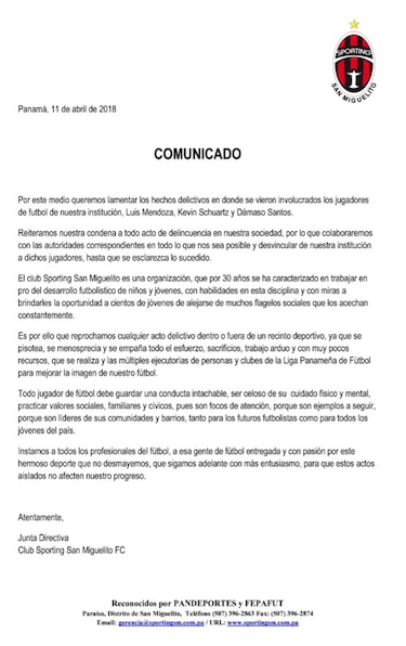 Detienen a tres jugadores del Sporting San Miguelito por supuesto secuestro