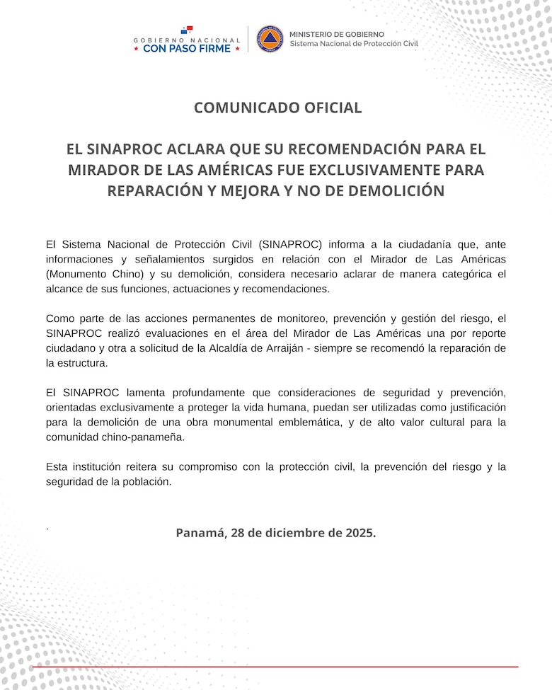 Demolición del monumento chino: Sinaproc niega haber recomendado su destrucción