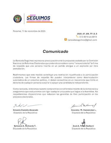 Bancada Seguimos rechaza propuesta que convertiría firmas de apoyo en ‘renuncia tácita’ a partidos políticos