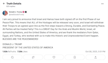 Israel y Hamás alcanzan un primer acuerdo sobre el plan de paz de Donald Trump para Gaza