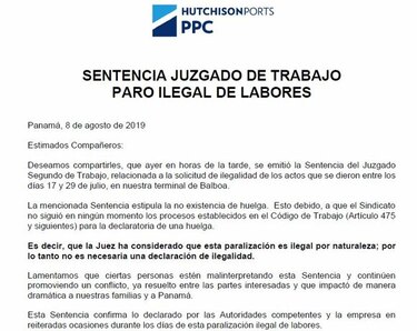 Juzgado no accede a pedido de PPC de declarar 'ilegal' la huelga en el puerto de Balboa