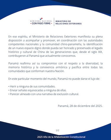 Presidente Mulino califica de ‘imperdonable’ la demolición del monumento chino y anuncia que será reconstruido
