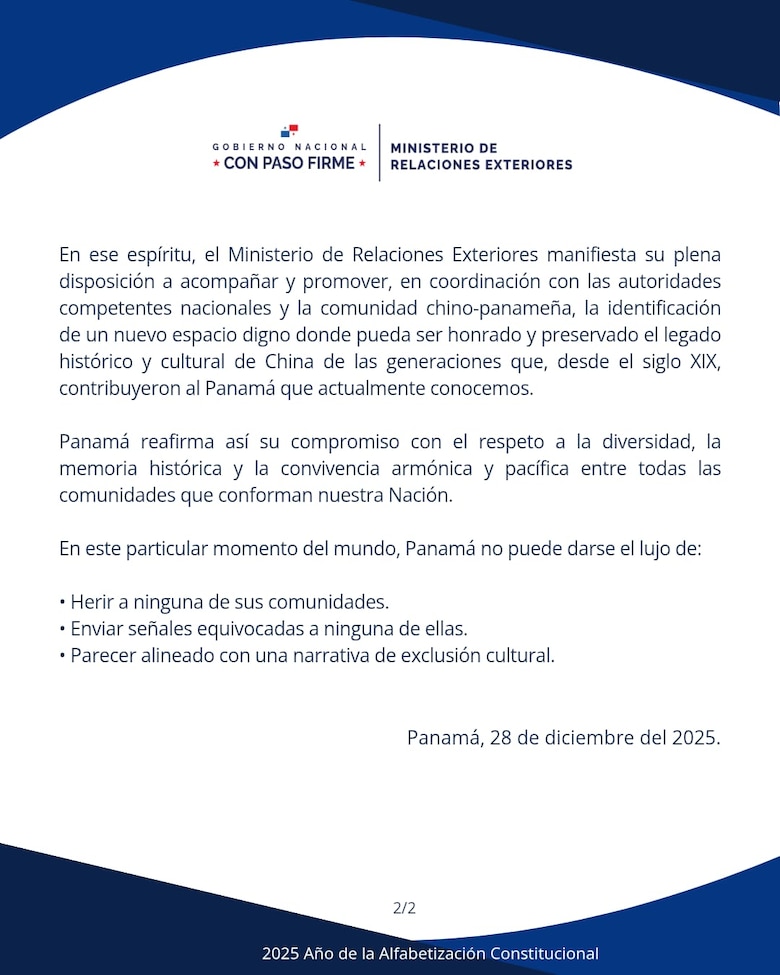 Cancillería dispuesta a buscar otro sitio para un nuevo monumento en honor a la comunidad chino panameña